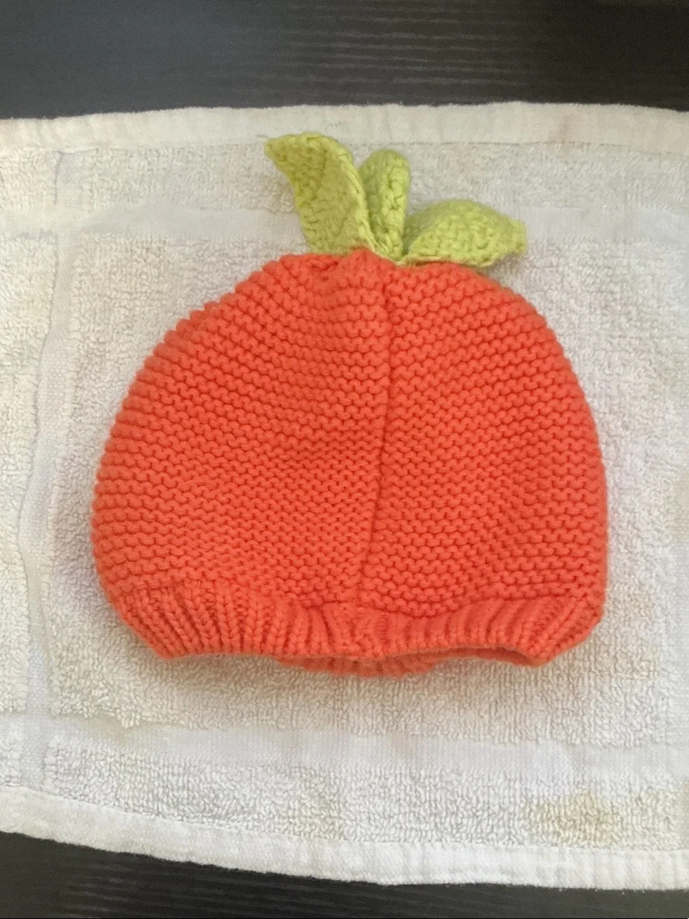 Carter's Orange Pumpkin Knit Hat with Lime Green Leaves One size 3 to 9 months